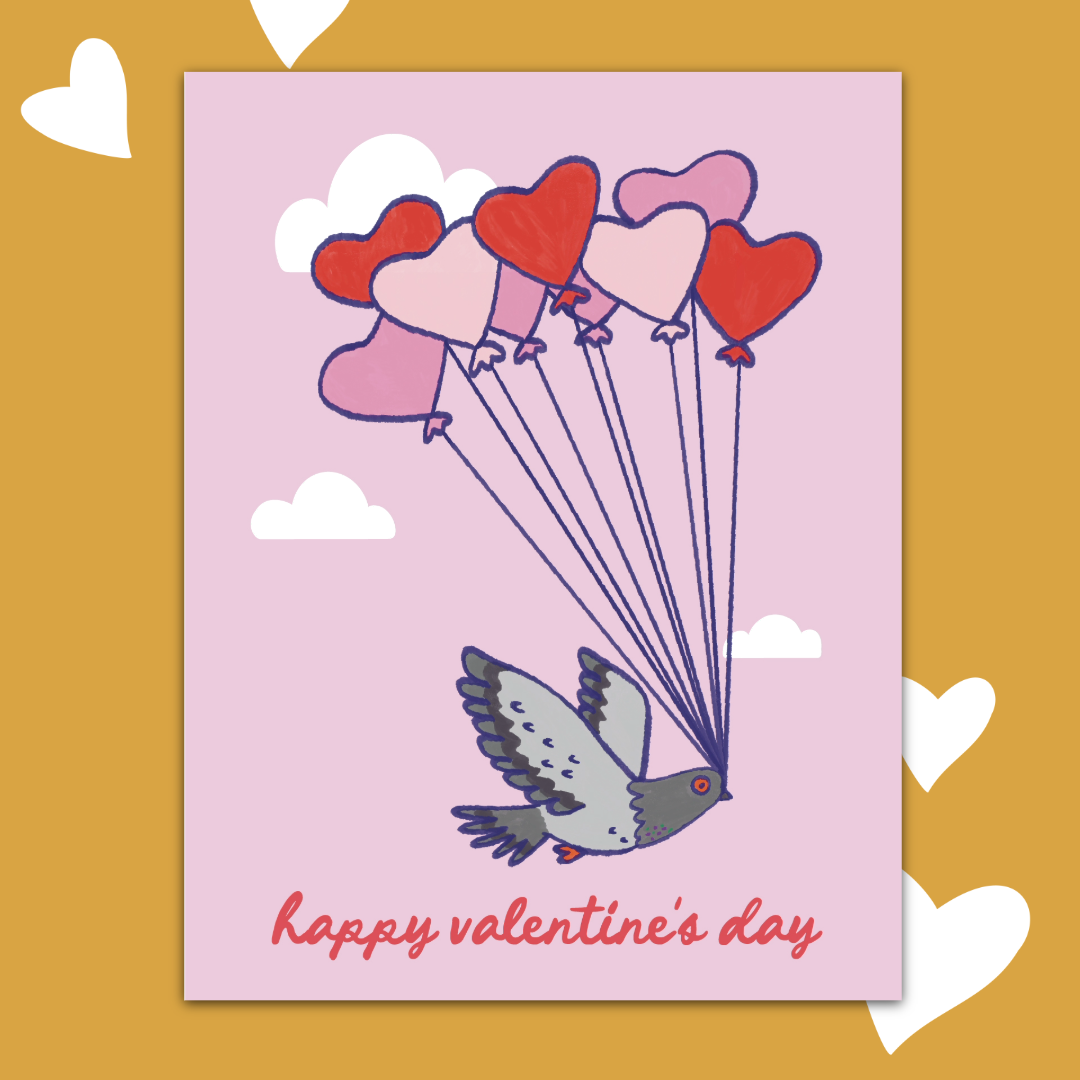 Pigeon Heart Balloons Valentine's Day Greeting Card