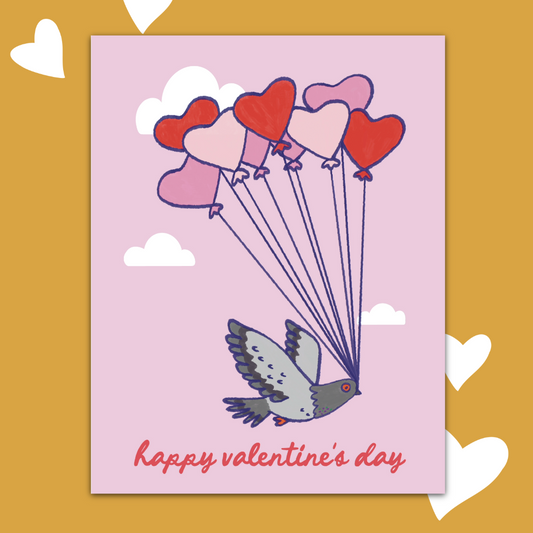 Pigeon Heart Balloons Valentine's Day Greeting Card