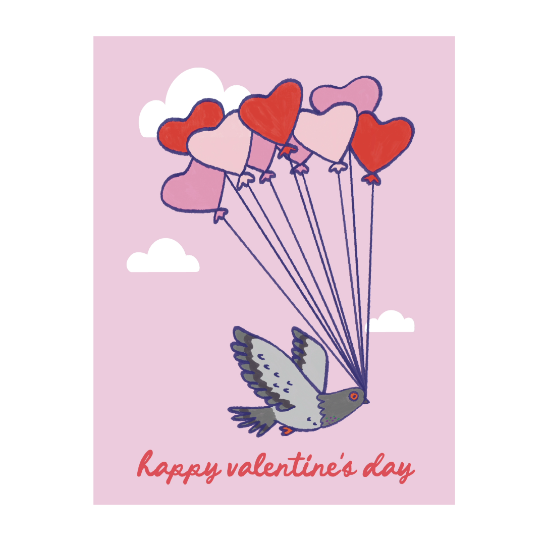 Pigeon Heart Balloons Valentine's Day Greeting Card